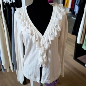 cabi White Cascade Ruffle Cardigan Sweater 100% Cotton Style 712 Large